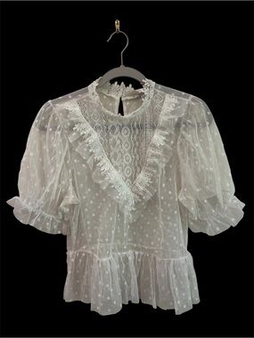 Blashe Coquette Edwardian Sheer White Swiss Dot Lace Peplum Blouse Size Large